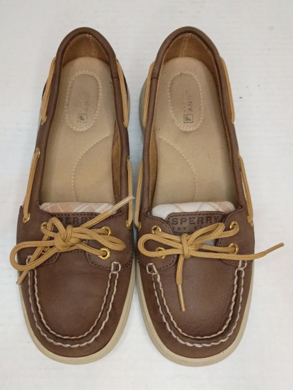 Sperry Angelfish Brown Leather Plaid Boat Shoes Women’s Size 8M